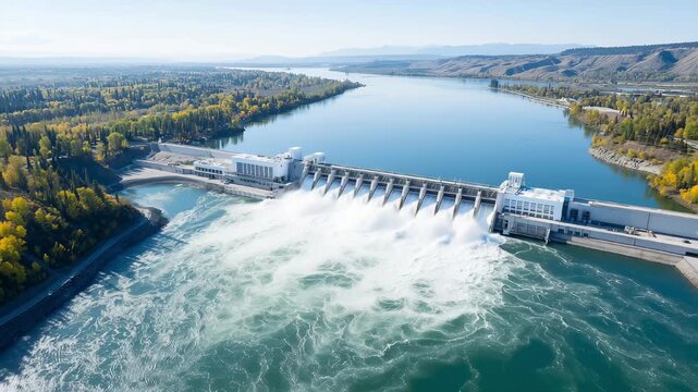 Aerial view of hydroelectric power station with water flowing through turbines, surrounded by mountains, trees and river.