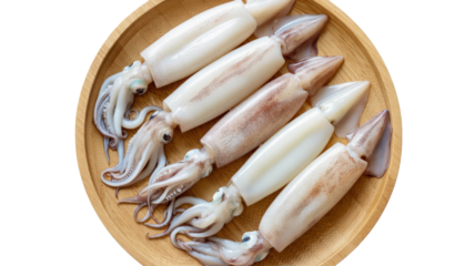 Raw Squid on Wooden Plate isolated on a transparent background