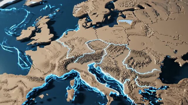 Earth globe rendering with a detailed physical relief map of europe and surrounding areas, highlighting continental landforms and shimmering blue oceanic currents