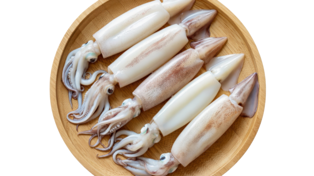 Raw Squid on Wooden Plate isolated on a transparent background