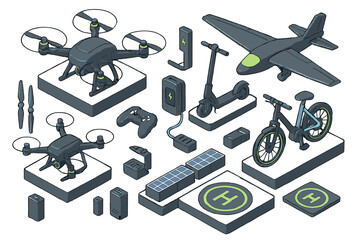 Obraz premium Isometric set of electric vehicles, drones, charging stations, and renewable energy components
