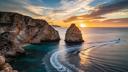 Boat speeding away from a secluded cove past towering cliffs and a sea stack, golden low sun reflecting off turquoise water, wake trailing into tranquil sunset seascape - Powered by Adobe