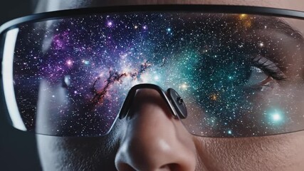 Person wearing augmented reality glasses viewing a futuristic city and abstract data streams. Creating an immersive experience in a hyper-realistic virtual world of cyberspace and advanced technology - Powered by Adobe