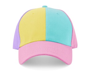 A pastel color-block baseball cap featuring yellow, blue, pink, and lavender panels. Soft woven texture, cute and vibrant design