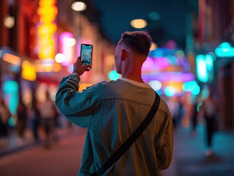 person capturing vibrant city street at night with smartphone in hand denim jacket and crossbody bag under neon lights with bokeh effect concept of urban lifestyle photography technology