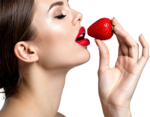 Moment gourmand – Femme savourant une fraise fraîche – Style moderne et raffiné – PNG Isolé
