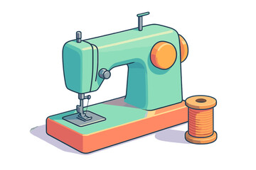Colorful retro-style sewing machine and thread spool isolated on a white background