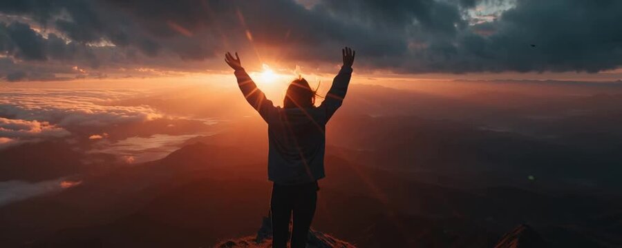 A person standing on a mountain peak at sunrise, wearing a hoodie, full body visible from a distance, looking confidently at the horizon
