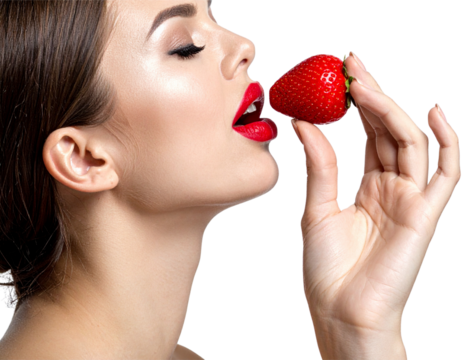 Moment gourmand – Femme savourant une fraise fraîche – Style moderne et raffiné – PNG Isolé