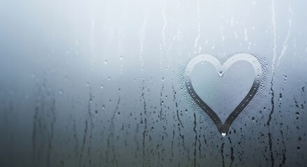 Heart shape drawn on fogged window with raindrops in soft light  