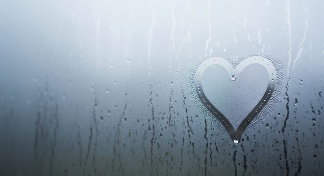 Heart shape drawn on fogged window with raindrops in soft light  