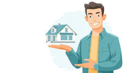 Real estate agent showing modern house model in teal and beige, trust and professionalism theme