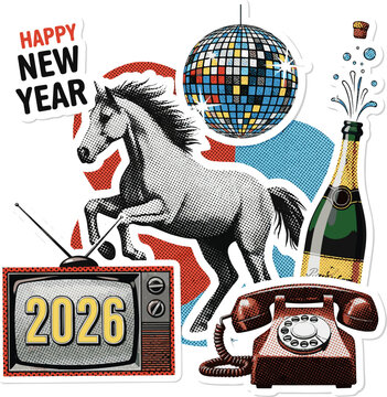 Isolated a 2026 New year collage elements set. Funny cut out of magazine halftone shapes with horse, disco ball, champagne, old TV and phone. Modern retro vector art with white background.
