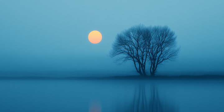 Minimalist blue landscape with a bare tree silhouette and sun reflection