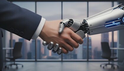 ヒューマノイドロボットと握手する人の手