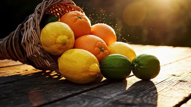 Woven cornucopia overflowing with vibrant lemons, oranges, and limes spilling onto a rustic wooden table, basking in warm backlighting and soft bokeh, symbolizing abundance and healthy living