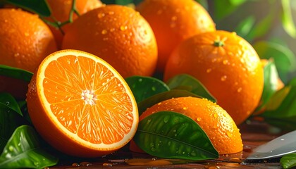 Vivid close-up of fresh oranges, one sliced open, with dewdrops and green leaves. A healthy, vibrant still life composition