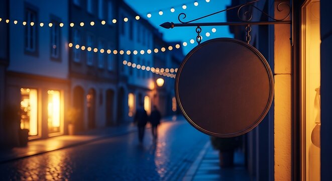 Blank circular sign on a picturesque street at night, illuminated by warm string lights and glowing windows, creating a cozy urban ambiance and reflections - Powered by Adobe