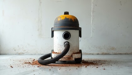 Old dirty vacuum cleaner sits on dusty floor, spewing brown dirt. Appliance covered in grime, needs repair or replacement, home cleaning tool.