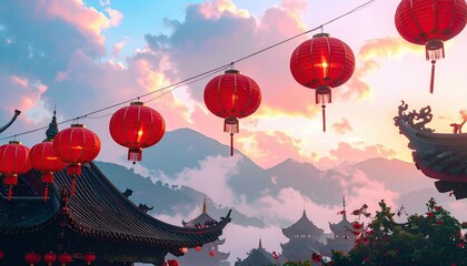 Red Chinese lanterns hang in the foreground against a backdrop of mountains and clouds at sunset, with traditional Chinese architecture visible.
