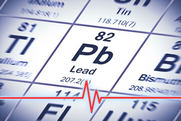 Lead chemical element with the Mendeleev periodic table - concept image with check-up chart