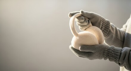 Gloved hands holding a white kettlebell in soft natural light