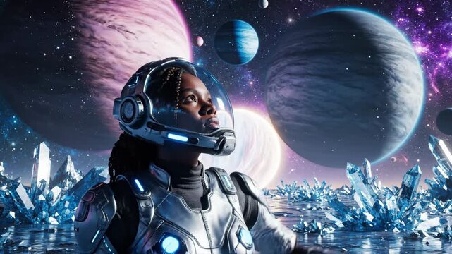 Woman astronaut standing on a glistening crystalline alien planet, looking up at multiple gas giants and a vibrant nebulae-filled sky during a futuristic space exploration mission