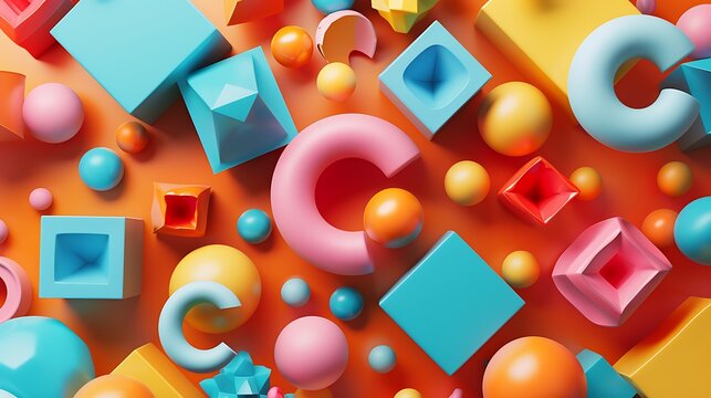 An overhead view of colorful geometric shapes scattered on a bright orange background surface design