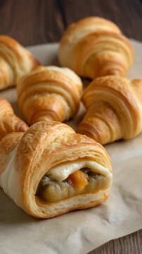 Mini croissants freshly baked and arranged on a wooden board.
