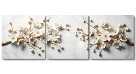 Triptych of white cherry blossoms on a branch for decoration