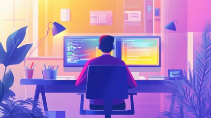 Modern workplace illustration: programmer using dual monitors in vibrant office setup