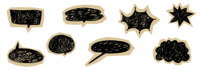 Ripped paper craft speech bubbles stickers hand drawn doodle set in simple pencil style. Text chat scrapbook retro vector elements collection for decoration.