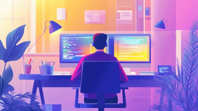 Modern workplace illustration: programmer using dual monitors in vibrant office setup