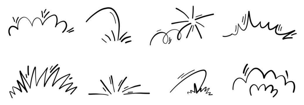 Comic doodle explosion burst vector illustration. Motion splash pop impact hand drawn element set. Water gas effects.