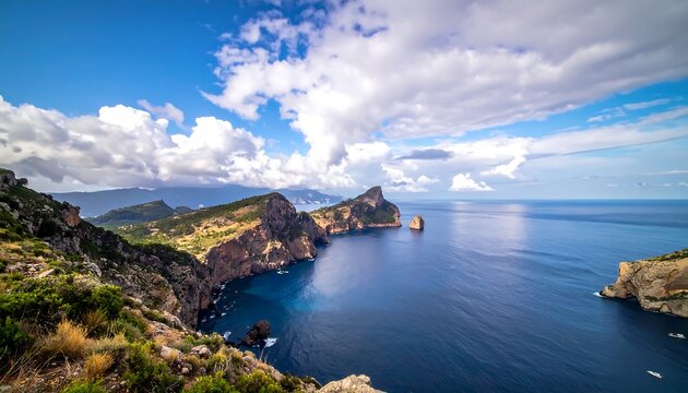 Stunning coastline view with rugged cliffs meeting the turquoise ocean under a partly cloudy, bright, sunny sky