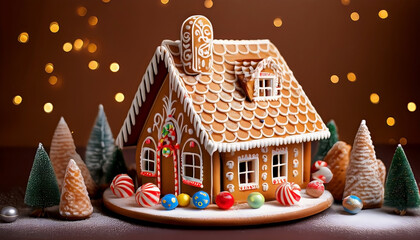 Front view of a beautifully decorated, traditional gingerbread house surrounded by candy, icing, and sweet holiday decorations, set against a warm brown background.