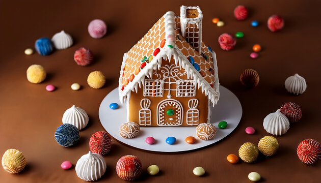 Front view of a beautifully decorated, traditional gingerbread house surrounded by candy, icing, and sweet holiday decorations, set against a warm brown background. - Powered by Adobe