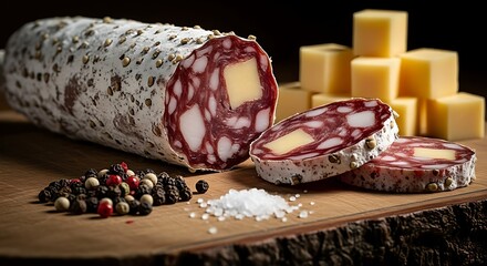 Delicious salami with cheese, peppercorns, and salt on a wooden board