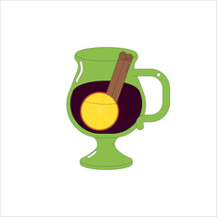 Mulled wine, hot alcohol with winter holiday spices. Christmas alcoholic drink in glass wineglass. Spicy beverage with cinnamon stick, orange. Flat vector illustration isolated on white background.