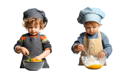 Two young children in chef hats and aprons cooking and preparing food.