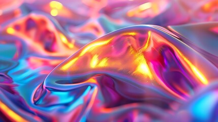 Abstract iridescent fabric with wavy texture and vibrant colors reflecting light across the surface