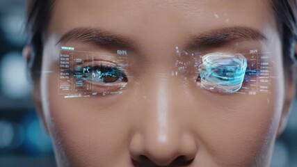 Woman's eyes displaying digital data and graphs with glowing light rays. Symbolizing advanced augmented reality. Artificial intelligence integration. Future vision. And biometric technology interface - Powered by Adobe