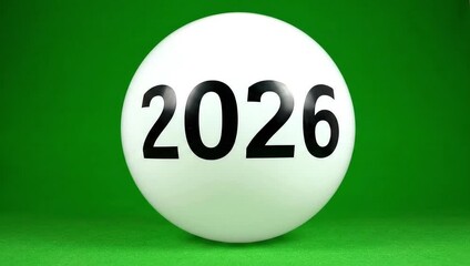 White sphere with '2026' marking rolls on green surface, symbolizing future events