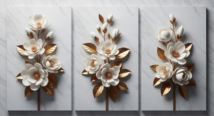 Triptych of white magnolia blooms with golden leaves