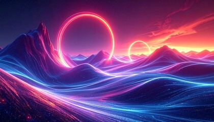 Neon landscapes with glowing rings, wavy terrain, and sunset, evoking a surreal and futuristic feeling