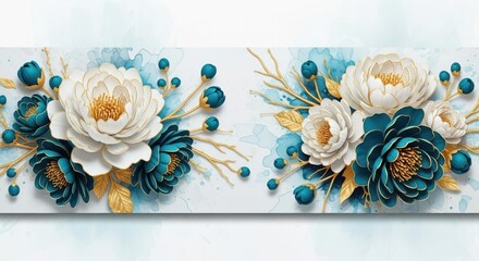 Elegant white and teal floral arrangement, a beautiful watercolor design