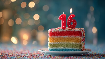 Colorful rainbow birthday cake with confetti sprinkles and glowing red number 16 candle on top, sweet sixteen celebration dessert for teen party, festive birthday decoration with vibrant layers and fu