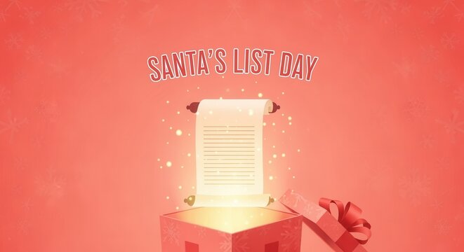 Santa's List Day holiday celebration graphic. Magical glowing scroll emerging from an open gift box on a red background. Christmas wish list concept with copy space