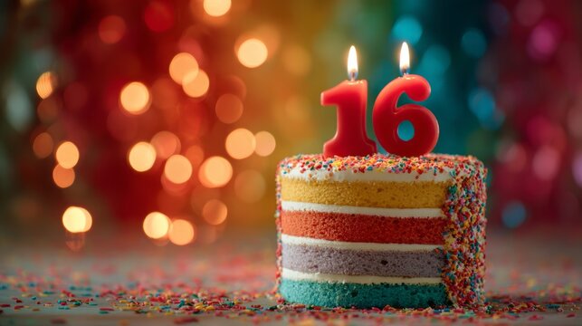 Colorful rainbow birthday cake with confetti sprinkles and glowing red number 16 candle on top, sweet sixteen celebration dessert for teen party, festive birthday decoration with vibrant layers and fu