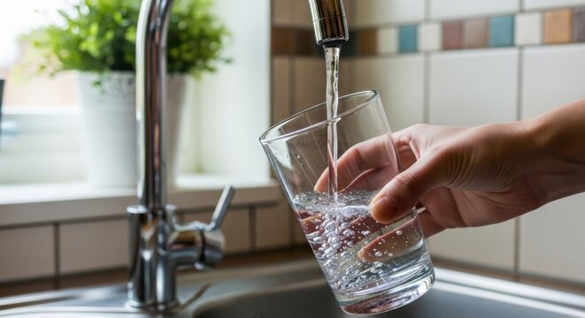 Hand fills clear glass with refreshing water from kitchen faucet